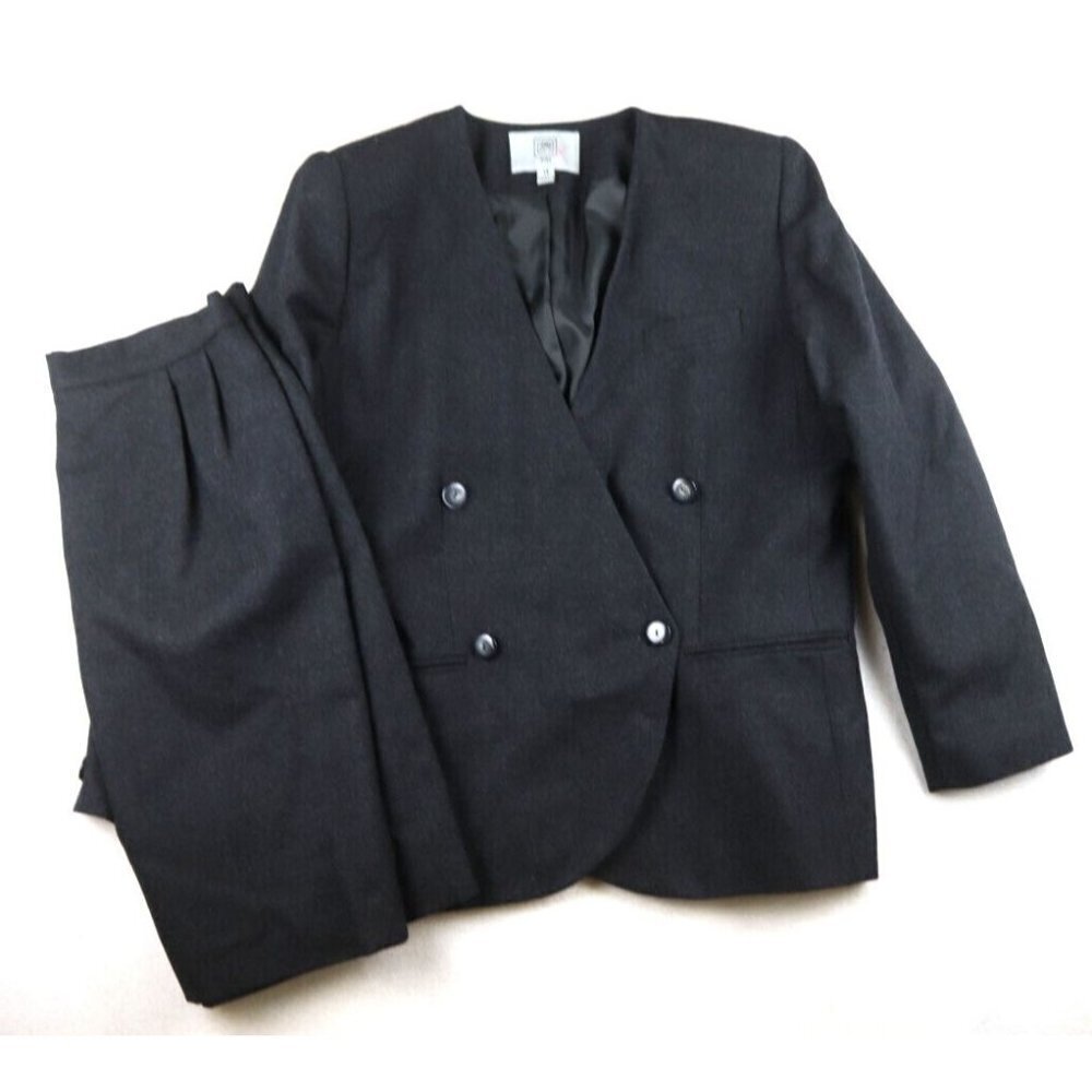 WOMEN'S GRAY 100% WOOL DOUBLE-BREASTED SKIRT SUIT - AMANDA SMITH - SIZE 14P